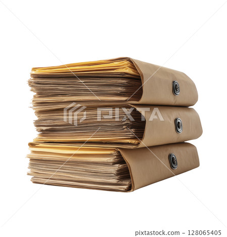Stack of three brown accordion folders filled with numerous documents is neatly arranged. folders are secured with black button closures, indicating organized storage Stack of three brown accordion folders filled with numerous documents is neatly arranged. folders are secured with black button closures, indicating organized storage 128065405