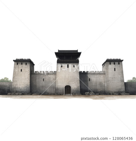 Historic stone fortress with three towers stands majestically, showcasing ancient architecture and defensive design. central tower is taller, flanked by two shorter ones, all connected by sturdy Historic stone fortress with three towers stands majestically, showcasing ancient architecture and defensive design. central tower is taller, flanked by two shorter ones, all connected by sturdy 128065436