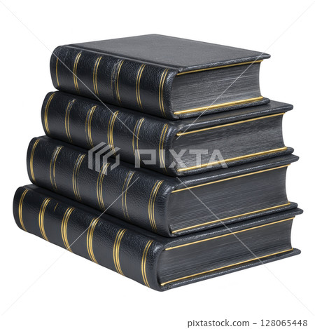 Stack of black leather bound books with gold detailing creates classic and elegant appearance, perfect for sophisticated library or study decor 128065448