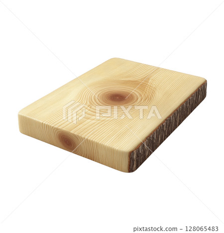 Rectangular wooden cutting board with natural bark edge and visible wood grain pattern, showcasing rustic and organic design 128065483