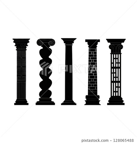Silhouettes of five distinct architectural columns showcase various classical styles, including Ionic and Corinthian designs, each with unique patterns and details 128065488