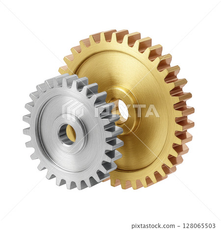Two interlocking metal gears, one silver and one gold, symbolize teamwork and precision in mechanical engineering. shiny surfaces reflect light, highlighting their intricate design Two interlocking metal gears, one silver and one gold, symbolize teamwork and precision in mechanical engineering. shiny surfaces reflect light, highlighting their intricate design 128065503