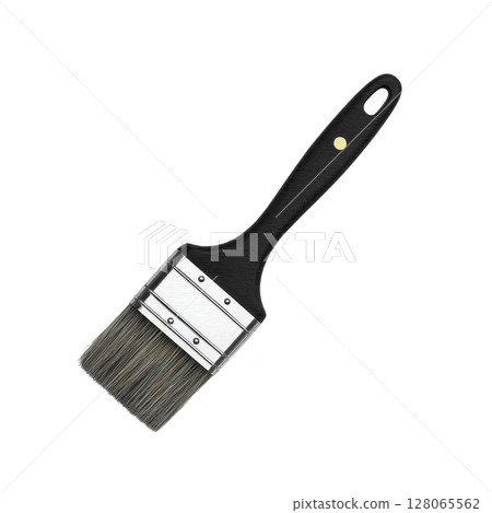 Black handled paintbrush with metal ferrule and synthetic bristles, ideal for painting and decorating projects. brush is isolated on transparency background 128065562