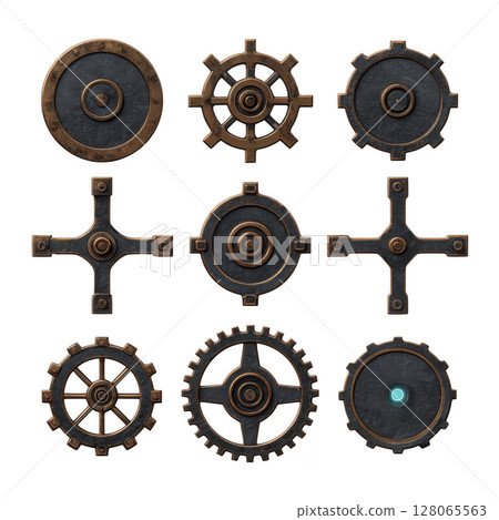 Collection of nine vintage metal gears and cogs with intricate designs, showcasing steampunk aesthetic. gears vary in shape and size, featuring rustic, industrial look 128065563