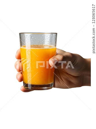 Hand holding glass of fresh orange juice, natural beverage, healthy drink, isolated on transparent background, vitamin c Hand holding glass of fresh orange juice, natural beverage, healthy drink, isolated on transparent background, vitamin c 128065617
