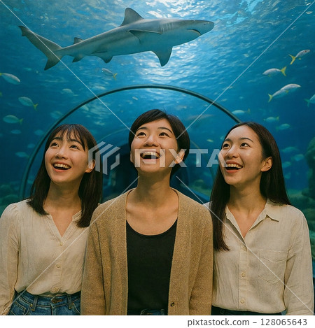 We generated an image of three friends walking through an underwater tunnel while looking up. We generated an image of three friends walking through an underwater tunnel while looking up. 128065643