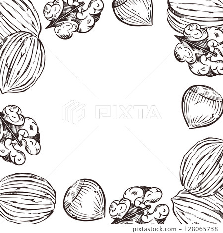 Square frame of nuts, walnuts, hazelnuts, nuts in the shell. All objects are hand-drawn in ink. The illustration is suitable for printing on fabric, paper, for product packaging design. Square frame of nuts, walnuts, hazelnuts, nuts in the shell. All objects are hand-drawn in ink. The illustration is suitable for printing on fabric, paper, for product packaging design. 128065738