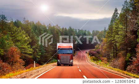 一輛大卡車在森林裡一條紅褐色的道路上飛馳 128065842