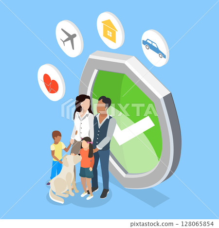 3D Isometric Flat Vector Illustration of Family Insurance Policy, Life, Home, Car Protection 128065854