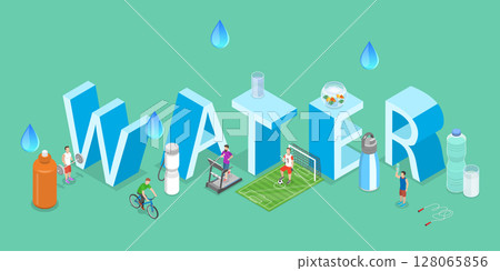 3D Isometric Flat Vector Illustration of Drink More Water, Characters Stay Hydrated 128065856