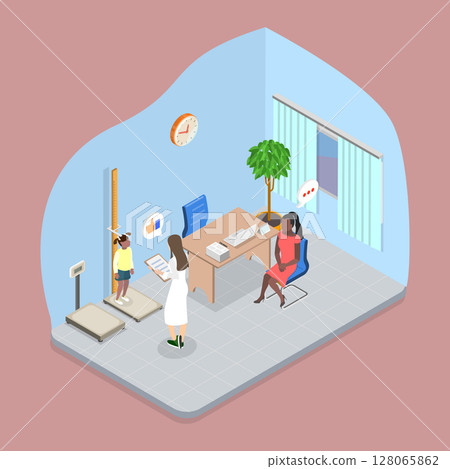 3D Isometric Flat Vector Illustration of Family Doctor, Child Visiting Physician in Hospital 3D Isometric Flat Vector Illustration of Family Doctor, Child Visiting Physician in Hospital 128065862