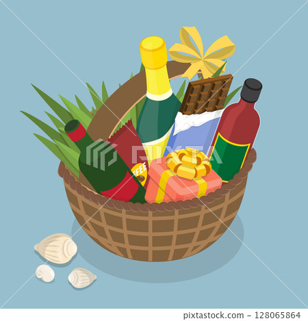 3D Isometric Flat Vector Illustration of Gift Hamper, Gift-Filled Wicker Basket Keepsake 3D Isometric Flat Vector Illustration of Gift Hamper, Gift-Filled Wicker Basket Keepsake 128065864