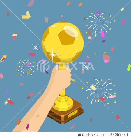 3D Isometric Flat Vector Illustration of Gold Cup, Soccer Ball Shaped Trophy Held By Winning Team Player 128065883
