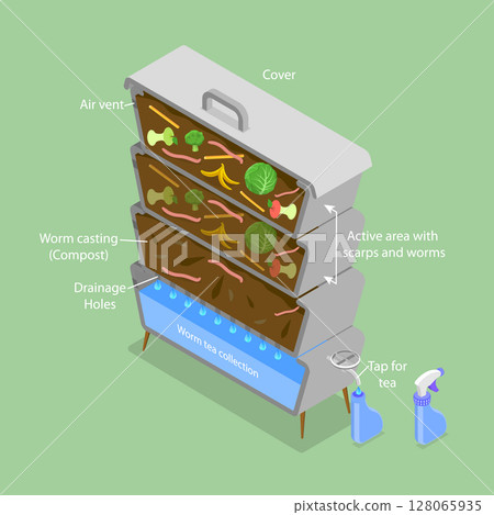 3D Isometric Flat Vector Illustration of Composting Process, Outline Diagram Of Worm Composting As Eco-Friendly Waste Management Method 128065935