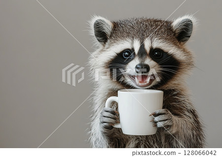 Cute raccoon with cup of tea on grey background 128066042
