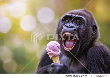 Funny gorilla eating ice cream on blurred background 128066063