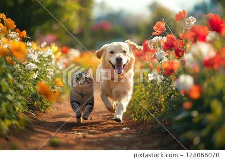 Cute cat and dog running between the flower rows in the park 128066070