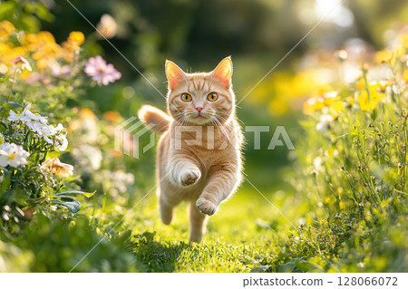 Cute ginger cat running between the flower rows in the park 128066072