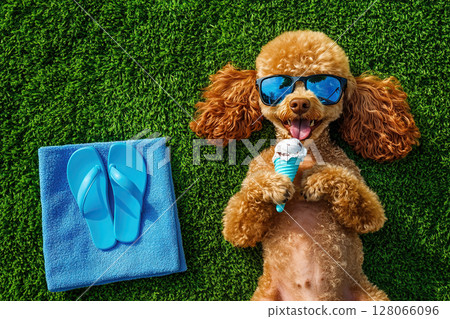 Cute poodle dog with ice cream lying on green grass 128066096