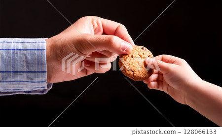The moment when a cookie is handed over to a child / Warm material expressing compassion and the bond between parent and child 128066133