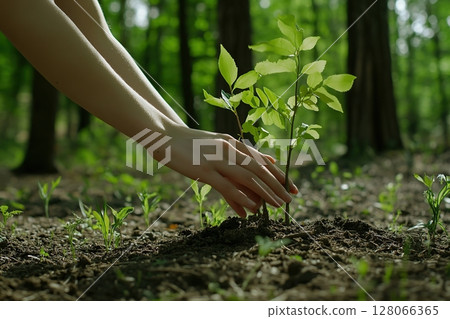 Female hands taking care of small tree sapling in the forest 128066365