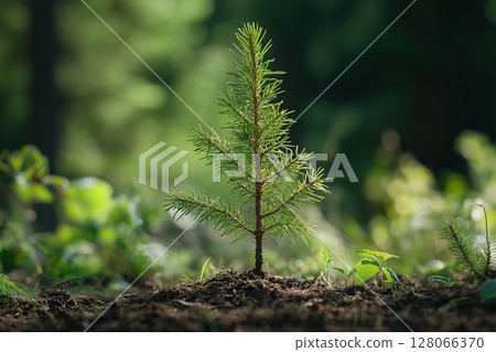 Young pine tree sapling planted in forest soil 128066370