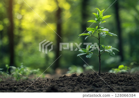 Young tree sapling planted in forest soil 128066384