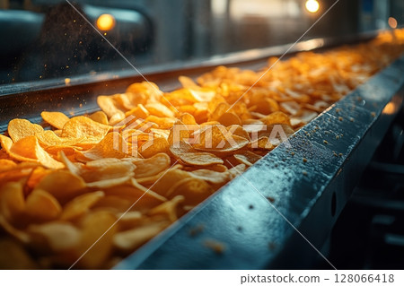 Conveyor line for potato chips in modern food factory 128066418