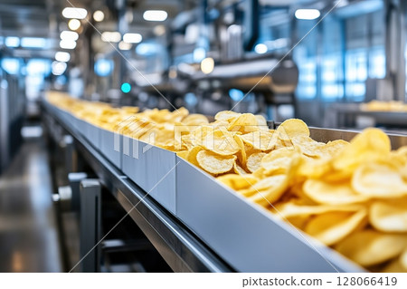 Conveyor line for potato chips in modern food factory 128066419