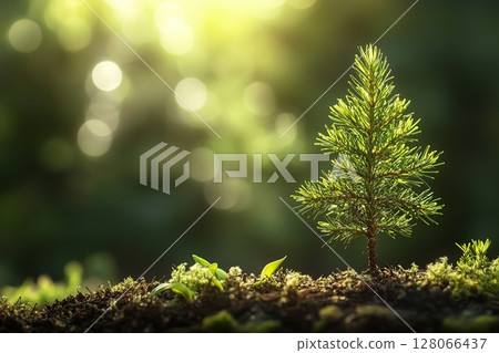 Young pine tree sapling planted in forest soil 128066437