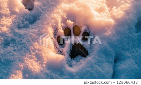 Dog foot print on white snow with sun rays 128066438