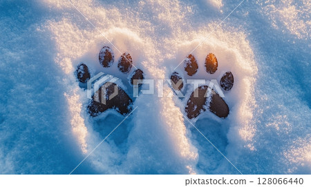 Dog foot prints on white snow with sun rays 128066440
