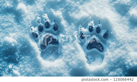 Dog foot prints on white snow 128066442