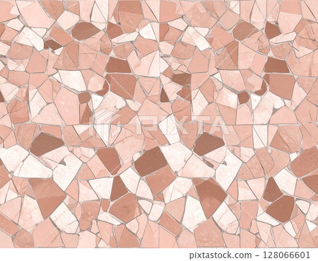 An overhead view of pottery shards scattered on the ground, a delicate background of irregularly-spaced patterned fragments 128066601