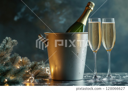 Champagne glasses and bucket with champagne bottle 128066627