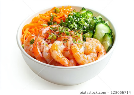 Healthy poke bowl with rice, vegetables and shrimps 128066714