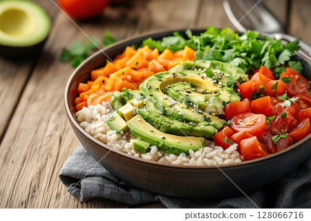 Healthy poke bowl with rice and vegetables 128066716
