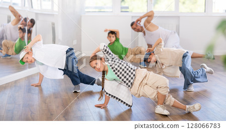 Group of children dancers having break dance training at dance studio Group of children dancers having break dance training at dance studio 128066783