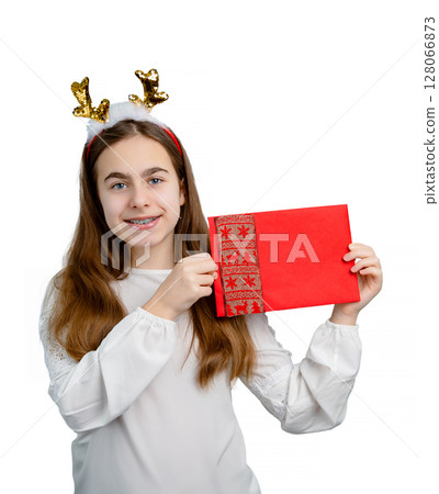 Girl reindeer antlers holding envelope, postcard, greeting, letter Santa different funny emotions 128066873