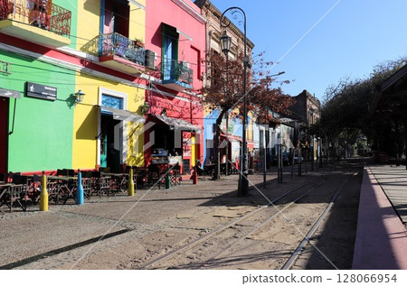 Colorful buildings in the La Boca district, Port Line station, Buenos Aires, Argentina, South America 128066954