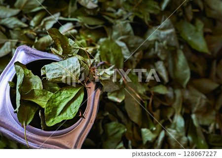 Dried cherry leaves.Packing medicinal herbal in metal container for tea,drinks 128067227