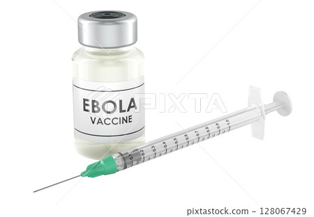 Ebola vaccine vial and syringe. 3D rendering 128067429