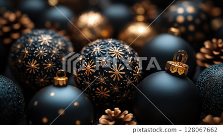 Merry Christmas, Happy New Year. Christmas balls, golden snowflakes. Flat lay, copy space, dark gold 128067662