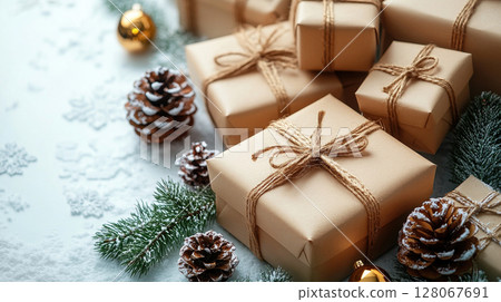 Merry Christmas New Year, cardboard gift boxes natural ribbon bow celebration, copy space, pine cone 128067691