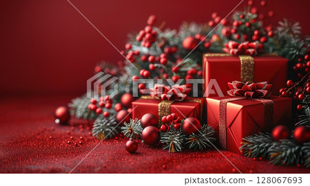 Merry Christmas, Happy New Year, craft red gift box, green background. Flat lay, copy space, banner 128067693