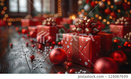 Merry Christmas, Happy New Year, craft red gift box, green background. Flat lay, copy space, banner 128067699