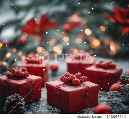 Merry Christmas, New Year, closeup craft red gift box green background. Flat lay, copy space, banner Merry Christmas, New Year, closeup craft red gift box green background. Flat lay, copy space, banner 128067814