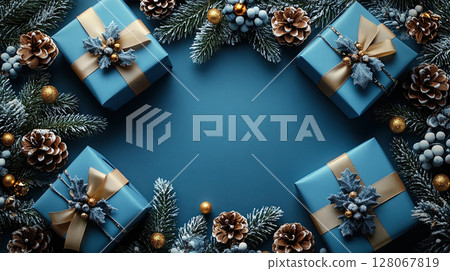 Blue background flat lay, luxury gift boxes. Golden yellow blue ribbons. Holiday Christmas, New Year 128067819