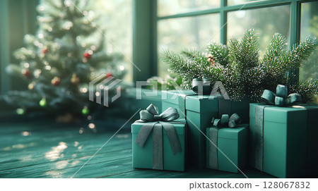 Holiday Christmas, New Year. Close-up green luxury gift boxes. red ribbons, flat lay, sale, banner 128067832