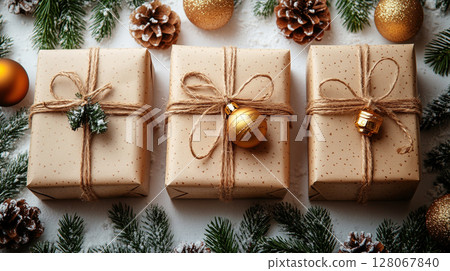Merry Christmas New Year, cardboard gift boxes natural ribbon bow celebration, copy space, pine cone Merry Christmas New Year, cardboard gift boxes natural ribbon bow celebration, copy space, pine cone 128067840
